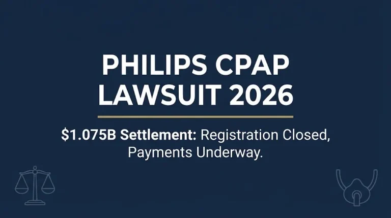 Philips CPAP lawsuit 2026 hero banner showing $1.075 billion settlement status and closed registration.