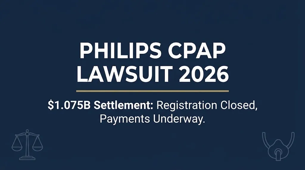 Philips CPAP lawsuit 2026 hero banner showing $1.075 billion settlement status and closed registration.