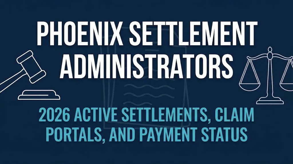 Phoenix Settlement Administrators 2026 active cases and claim deadlines shown in a flat legal infographic banner.