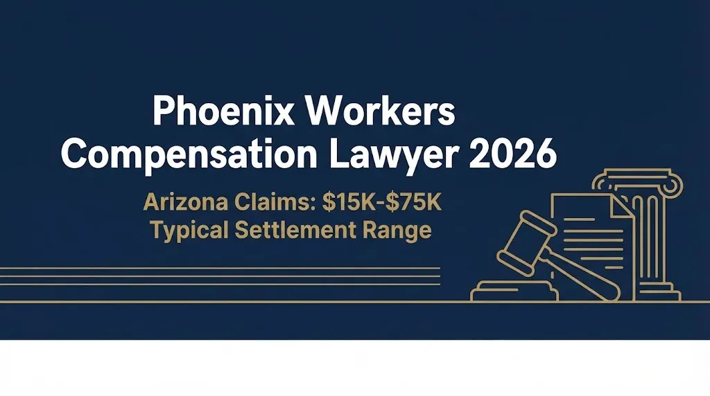 Phoenix workers compensation lawyer 2026 banner showing typical Arizona settlement range of fifteen to seventy-five thousand dollars.