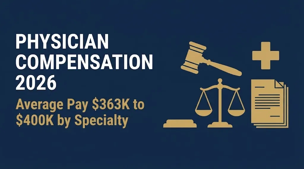 Physician compensation 2026 headline with gavel and medical cross showing average pay range of 363 to 400 thousand dollars.