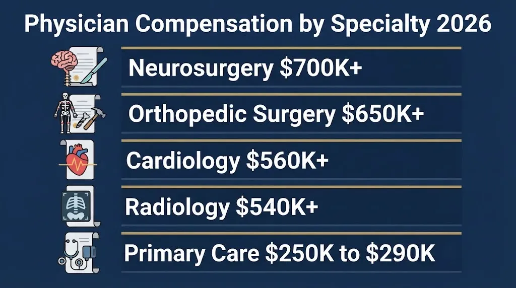 Physician compensation by specialty chart showing neurosurgery, orthopedics, cardiology, radiology.