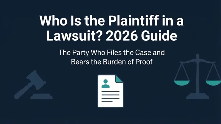 Plaintiff in a lawsuit 2026 guide with gavel and document graphics explaining the role.