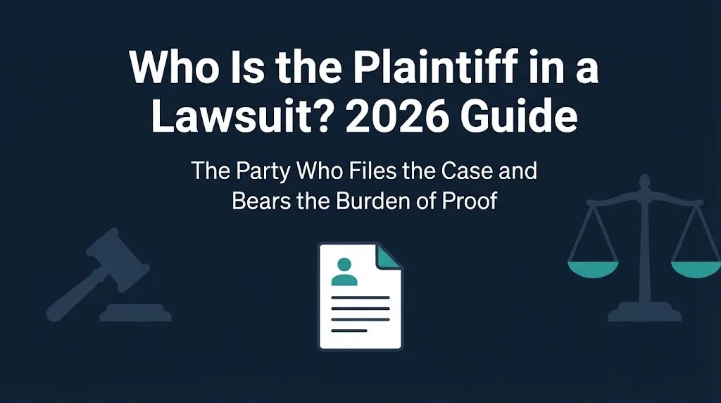 Plaintiff in a lawsuit 2026 guide with gavel and document graphics explaining the role.