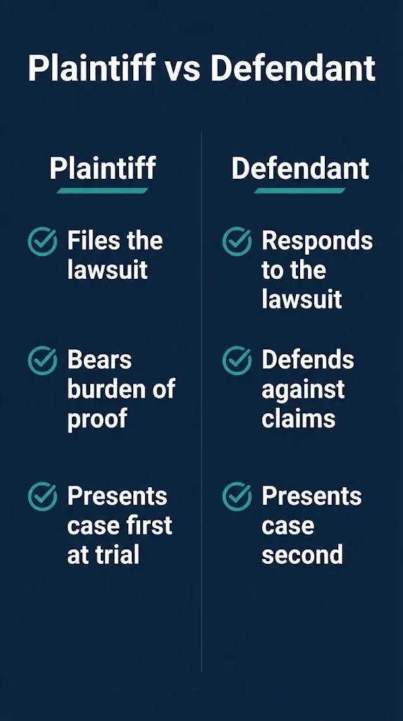 Plaintiff vs defendant comparison checklist showing roles in a lawsuit.