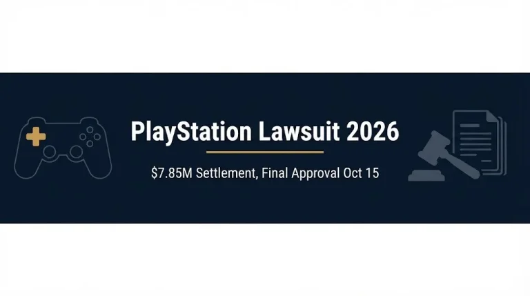 PlayStation lawsuit 2026 banner with $7.85M settlement and October 15 final approval date.