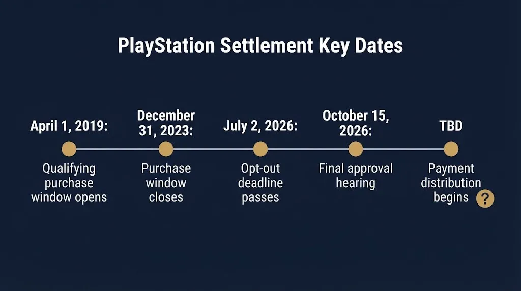 PlayStation settlement timeline from 2019 purchase window to October 2026 final approval hearing.