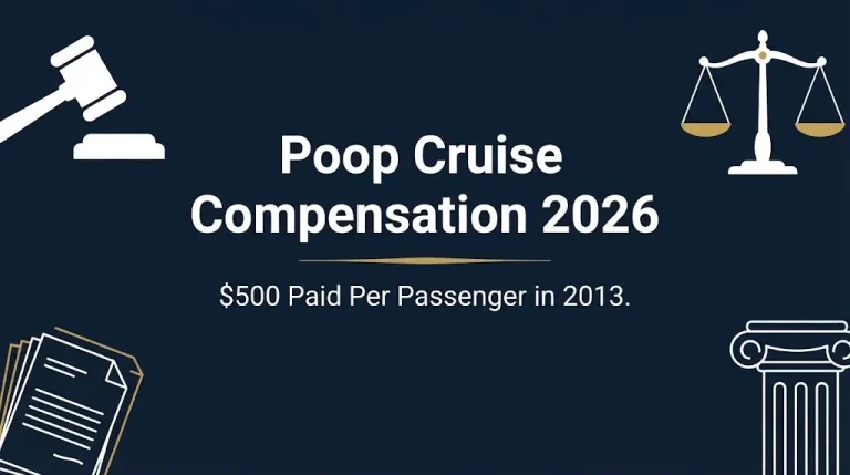 Poop cruise compensation 2026 banner graphic with $500 per passenger payment noted.