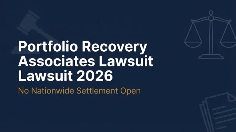 Portfolio Recovery Associates lawsuit 2026 banner showing no nationwide settlement is open for claims.