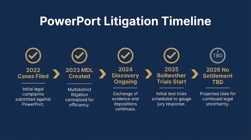 PowerPort litigation timeline showing key milestones from filing through 2026 status.
