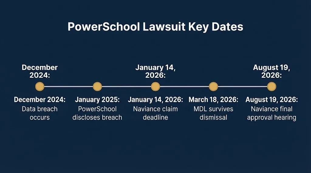 PowerSchool lawsuit timeline from 2024 breach to 2026 Naviance final approval hearing.