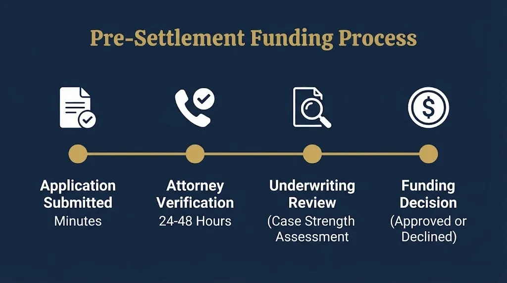Pre-settlement funding process timeline showing application, attorney verification, underwriting, and funding decision stages.