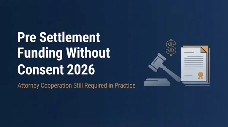 Pre settlement funding without attorney consent 2026 banner showing gavel, dollar sign, and document graphics.