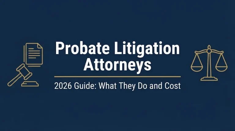 Probate litigation attorneys 2026 guide showing what they do and cost with legal icons.