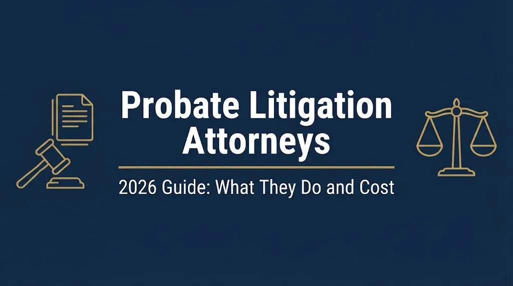 Probate litigation attorneys 2026 guide showing what they do and cost with legal icons.
