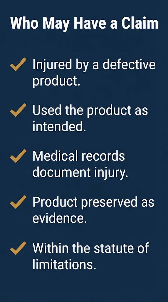 Product liability claim eligibility checklist with five criteria on navy infographic