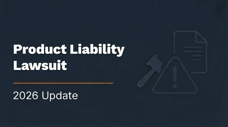 Product liability lawsuit 2026 banner with gavel and warning label illustration on navy background