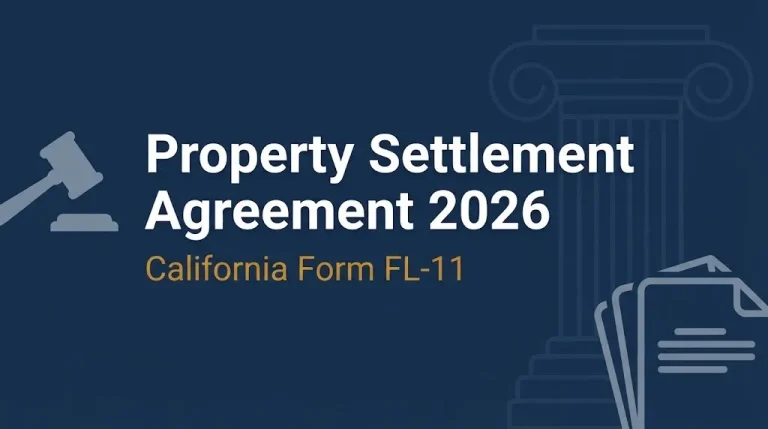 Property settlement agreement 2026 banner showing California Form FL-11.