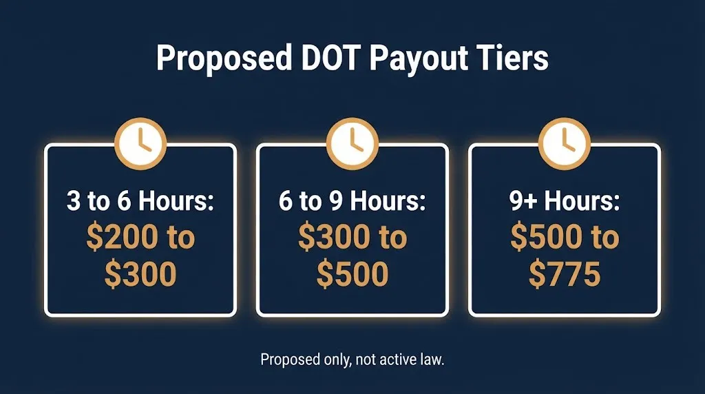 Proposed DOT flight delay payout tiers showing 200 to 775 dollar ranges by delay length.