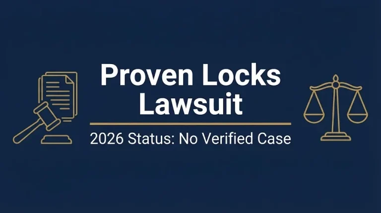 Proven Locks lawsuit 2026 status showing no verified case with gavel and scales icons.