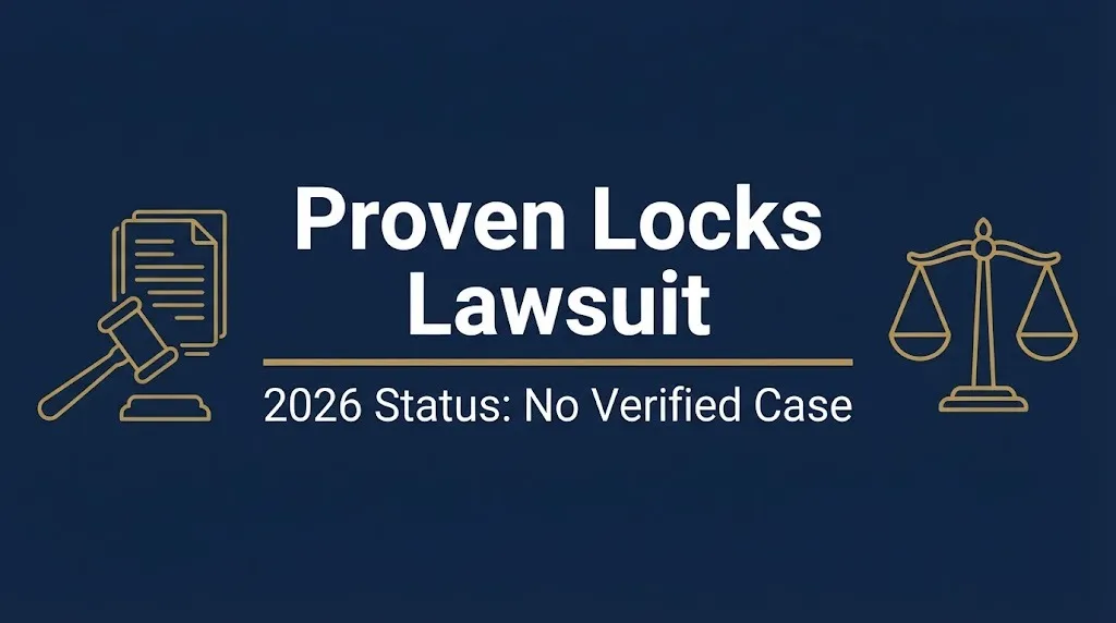 Proven Locks lawsuit 2026 status showing no verified case with gavel and scales icons.