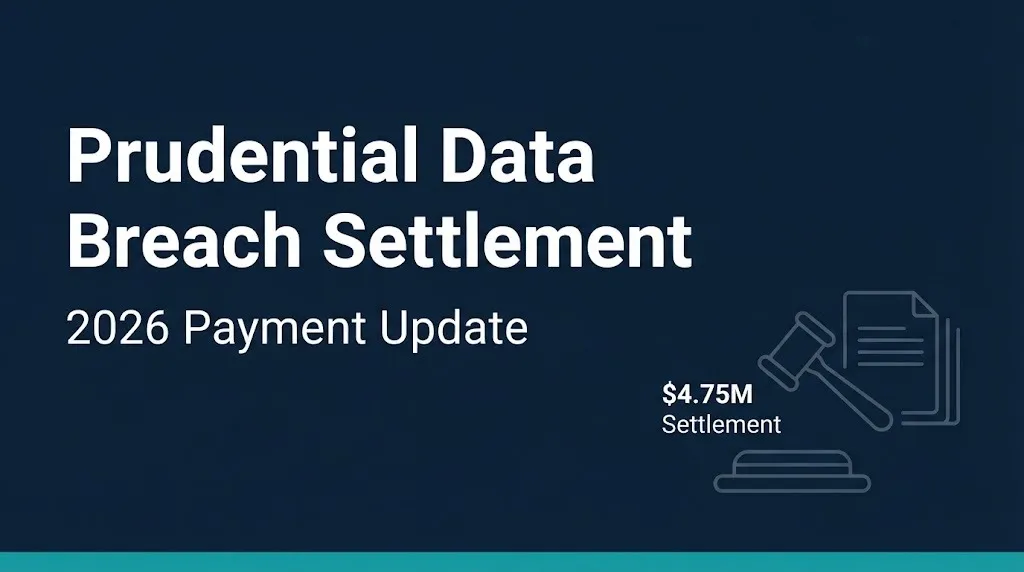 Prudential Financial data breach settlement 2026 banner with $4.75M fund and gavel icon.