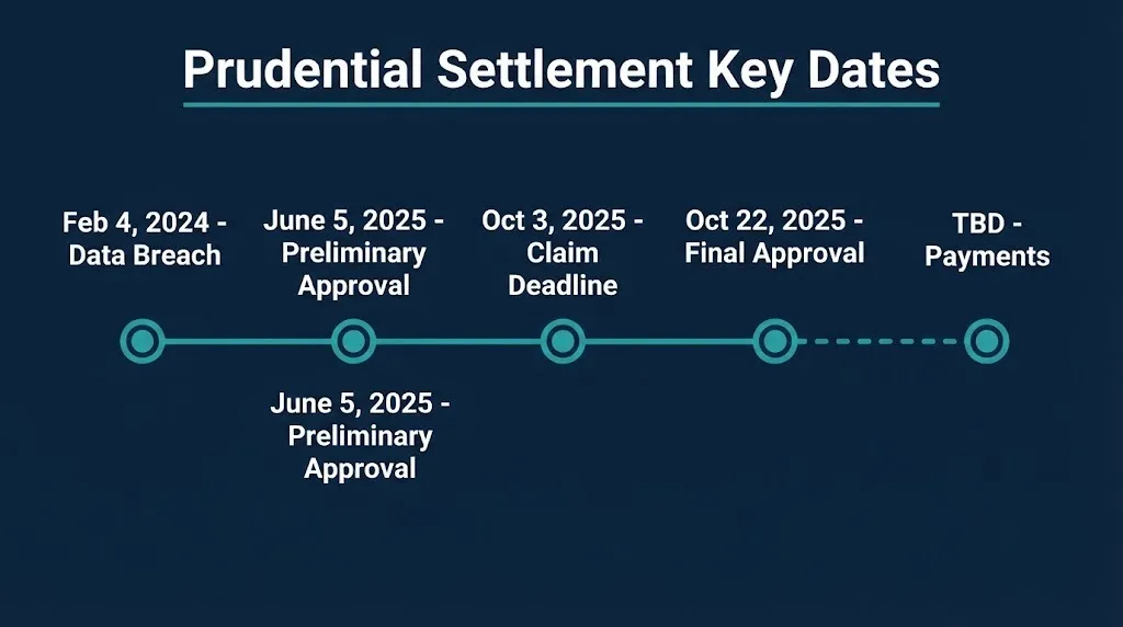 Prudential data breach settlement timeline showing key dates from 2024 breach to 2025 approval.