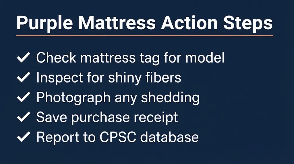 Purple mattress action checklist showing steps for documenting fiberglass shedding and purchase proof.