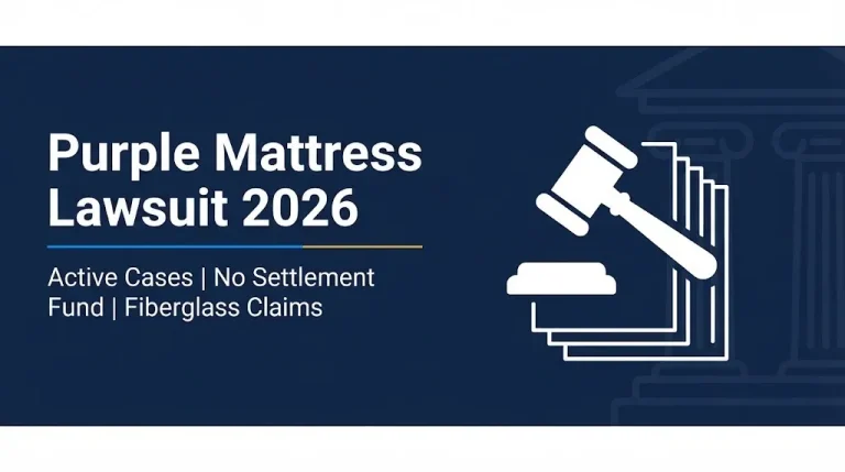 Purple mattress lawsuit 2026 banner showing active cases and no settlement fund status.