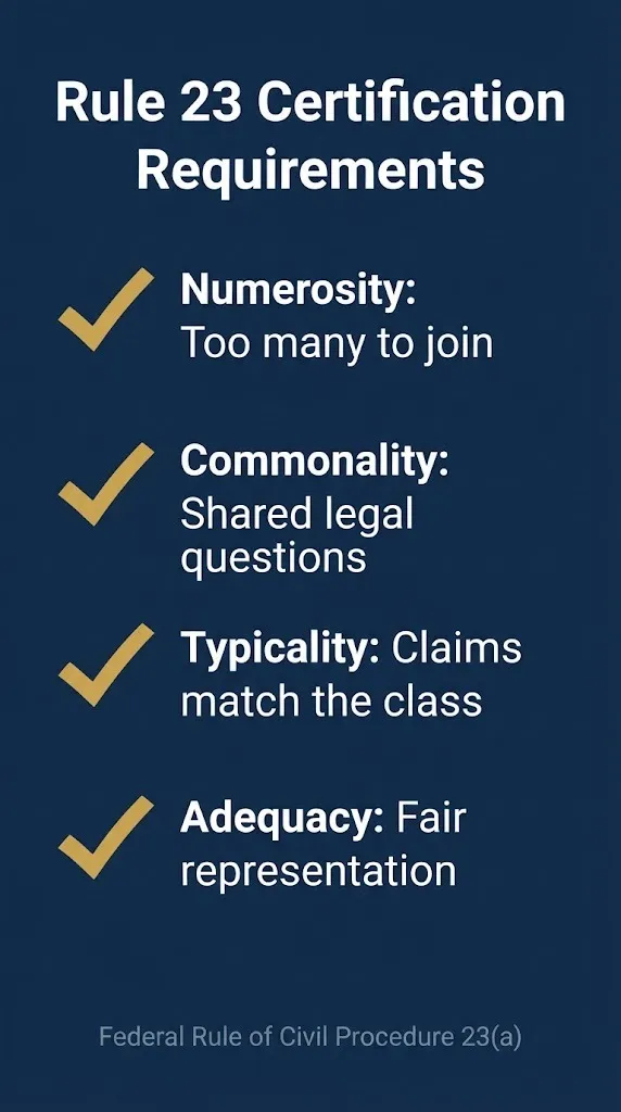 Putative class action Rule 23 certification requirements checklist for federal courts.