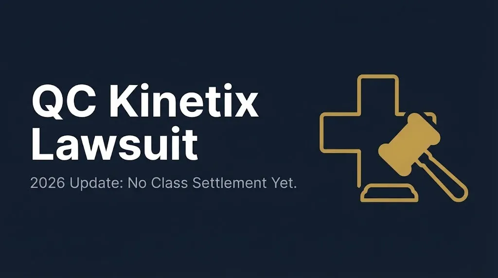 QC Kinetix lawsuit 2026 banner showing no class settlement has been approved yet.