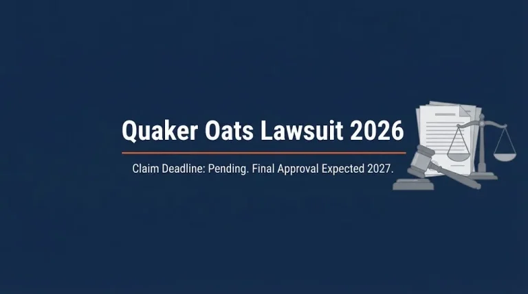 Quaker Oats Lawsuit 2026 news banner showing pending claim deadline and 2027 final approval date.