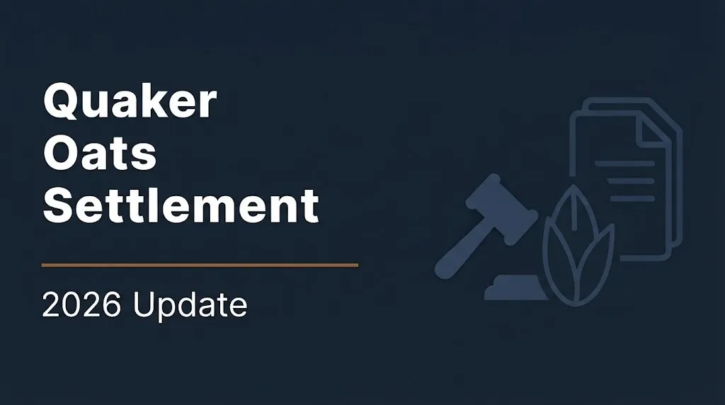 Quaker Oats settlement 2026 update banner with gavel and oat grain illustration on navy background