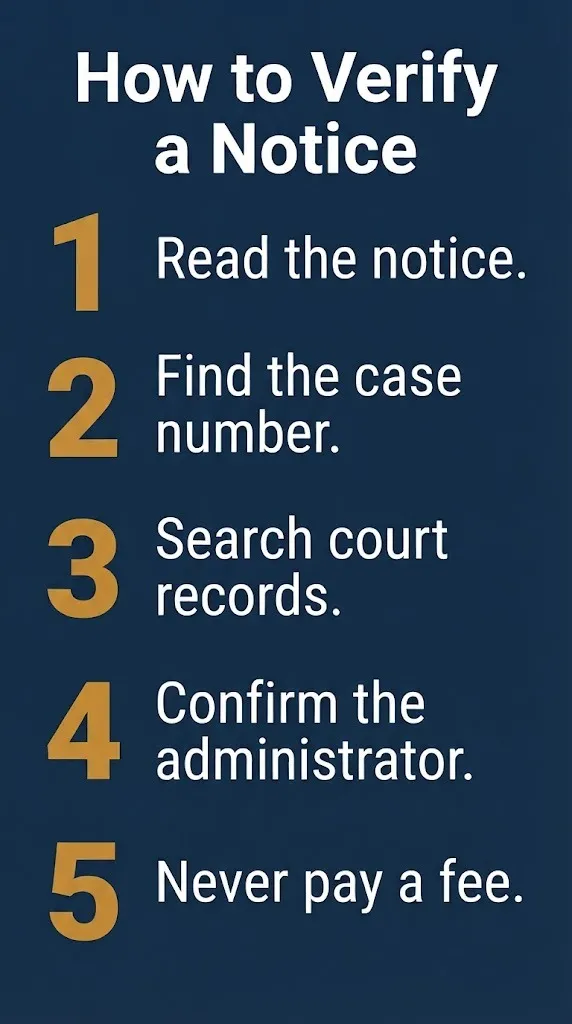 Quaker Oats settlement notice verification steps with five actions on navy infographic