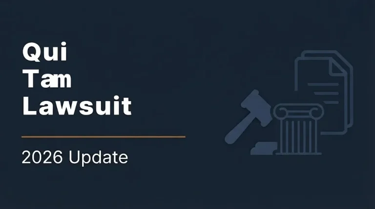 Qui Tam Lawsuit 2026 Update banner with gavel and government building illustration on navy background