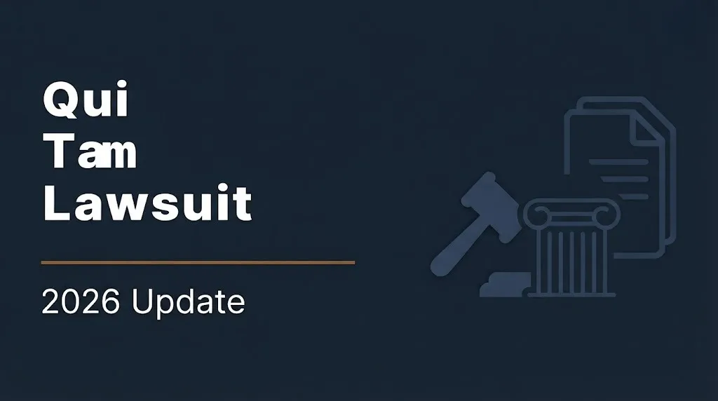 Qui Tam Lawsuit 2026 Update banner with gavel and government building illustration on navy background