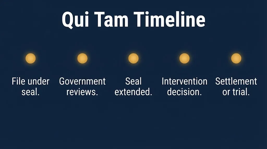 Qui tam lawsuit timeline showing sealed filing, government review, intervention, and settlement stages
