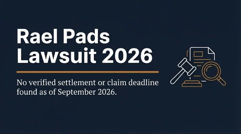 Rael pads lawsuit 2026 banner with no verified settlement found and legal search icons.