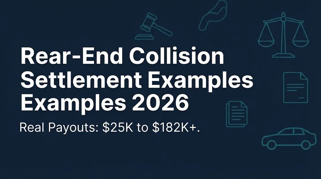 Rear-end collision settlement examples 2026 showing real payouts from $25K to $182K