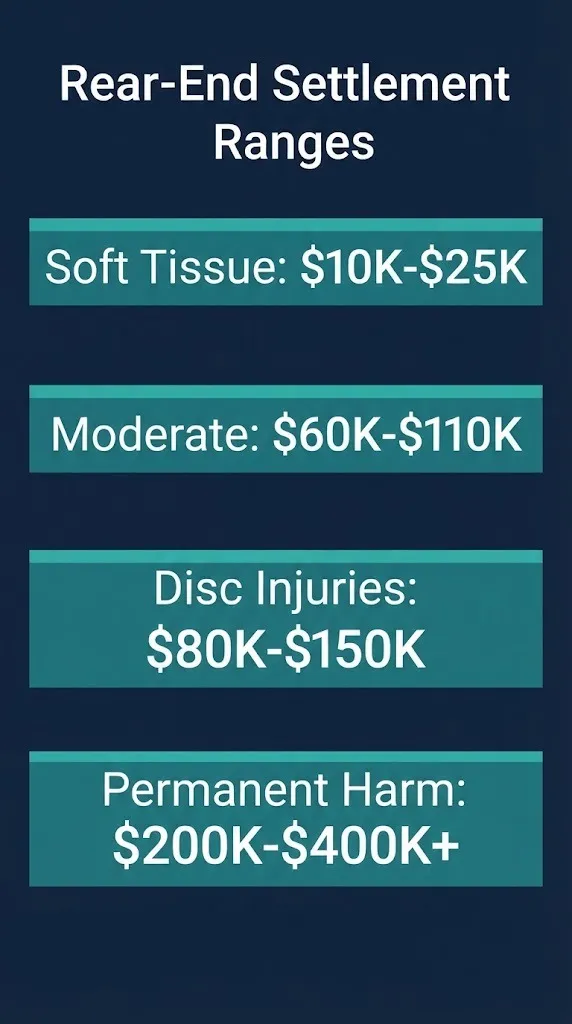 Rear-end collision settlement payout ranges by injury severity from $10K to $400K+