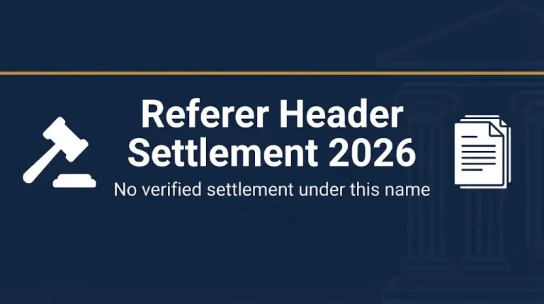 Referer header settlement 2026 banner showing no verified settlement status and legal symbols.