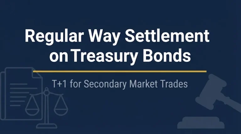 Regular way settlement on Treasury bonds hero banner with gavel and scales icons
