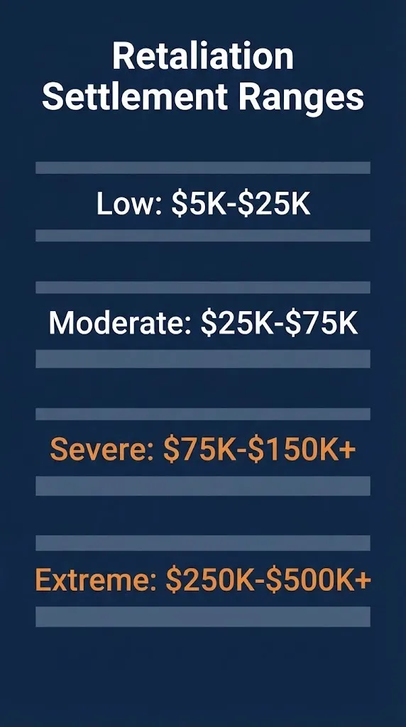 Retaliation lawsuit settlement payout tiers showing ranges from $5K to $500K+ by severity.
