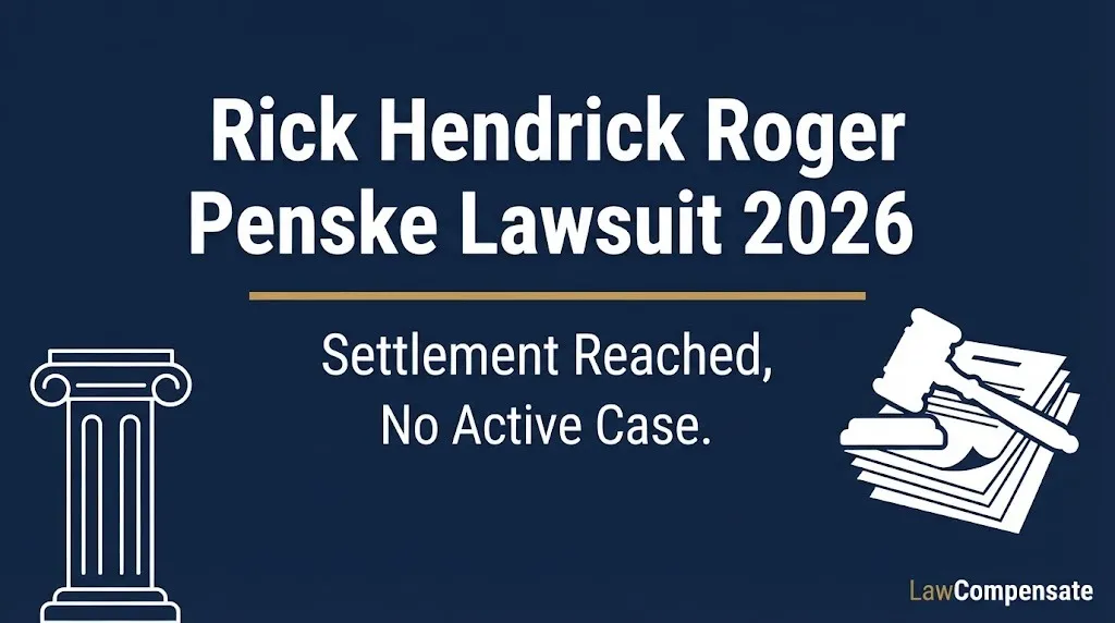 Rick Hendrick Roger Penske lawsuit 2026 banner showing settlement reached with no active case remaining.