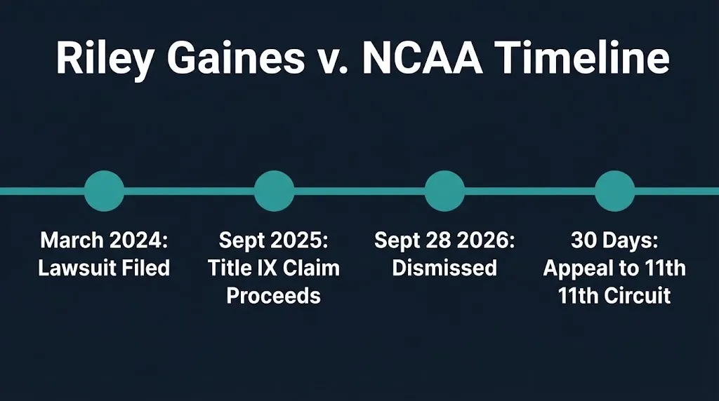 Riley Gaines lawsuit timeline showing dismissal and appeal deadline to 11th Circuit