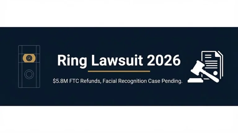 Ring lawsuit 2026 banner with $5.8M FTC refunds and facial recognition case details.