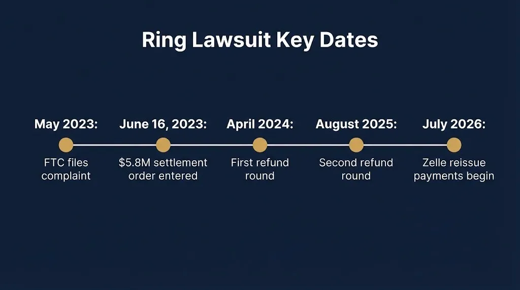 Ring lawsuit timeline from 2023 FTC complaint to 2026 Zelle refund reissues.