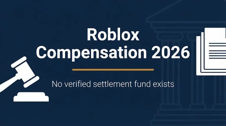 Roblox compensation 2026 banner showing no verified settlement fund and legal symbols.