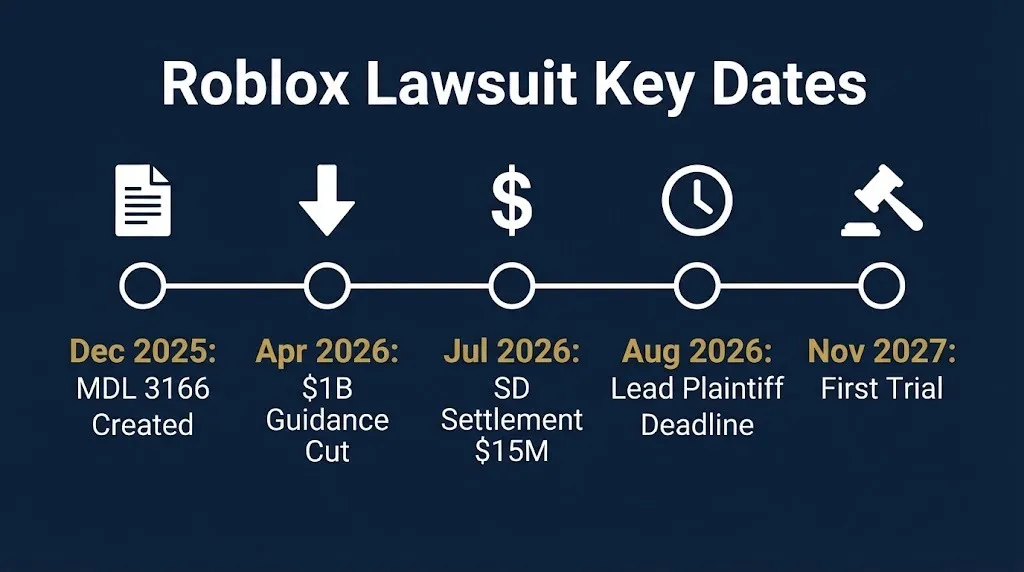 Roblox lawsuit timeline graphic showing key dates from MDL creation to first trial in 2027