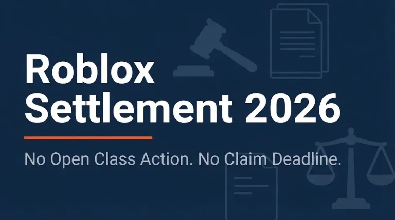 Roblox settlement 2026 status banner showing no open class action and no claim deadline.